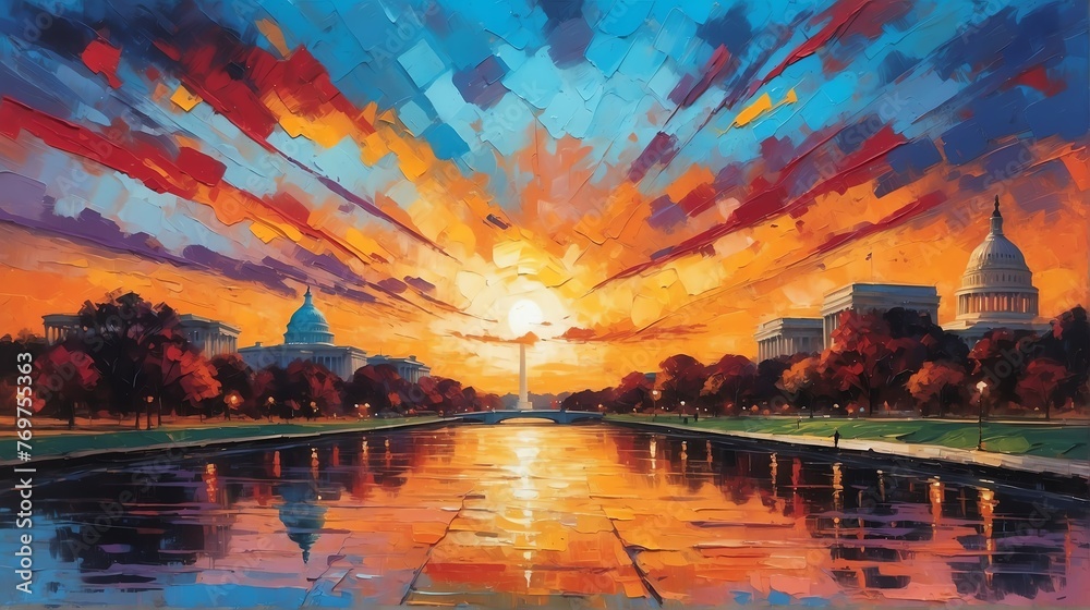 Sunset in washington dc united states theme oil pallet knife paint painting on canvas with large brush strokes modern art illustration abstract from Generative AI - obrazy, fototapety, plakaty 