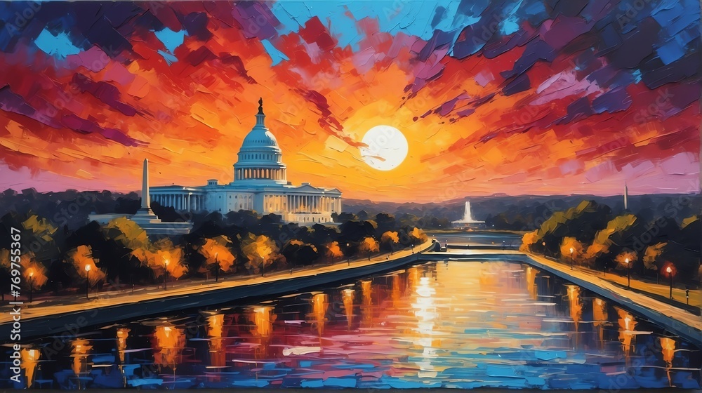 Sunset in washington dc united states theme oil pallet knife paint painting on canvas with large brush strokes modern art illustration abstract from Generative AI - obrazy, fototapety, plakaty 
