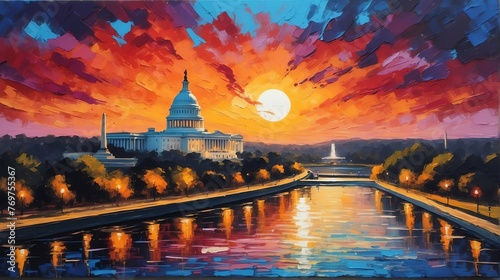 Sunset in washington dc united states theme oil pallet knife paint painting on canvas with large brush strokes modern art illustration abstract from Generative AI