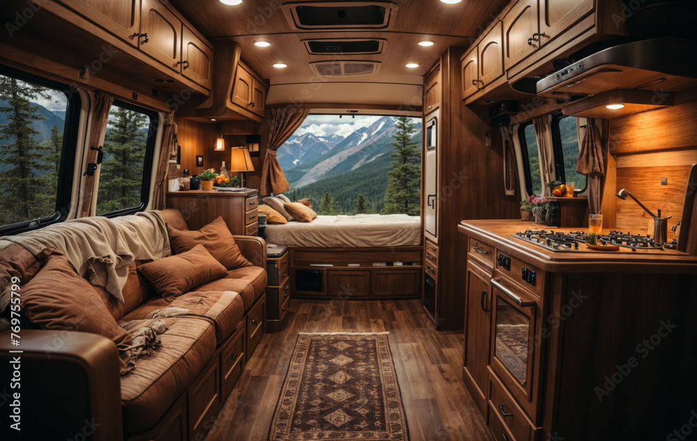 interior of a luxury RV with wooden accents created with Generative AI technology