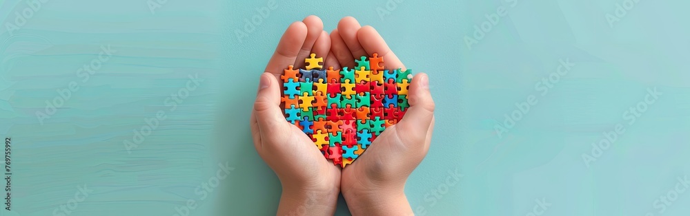 Autism Awareness: Adult and Child Hands Hold Puzzle Heart on Light Blue Background