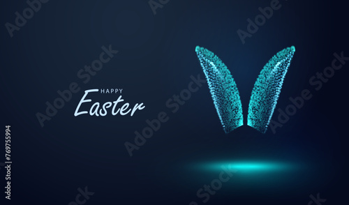 Happy Easter bunny ears technology background. Neon ai light rabbit ear banner design. Future holiday digital greeting card vector.