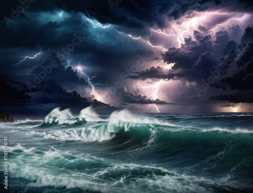 Dramatic illustration of a storm at the sea with lightnings and huge waves