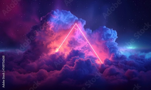 3d render, abstract background with cloud and neon triangular shape in the night sky. Stormy cumulus with glowing geometric frame, Generative AI 