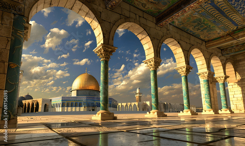 The view on the dome of the rock through the scales of souls colonnade, jerusalem, israel photo