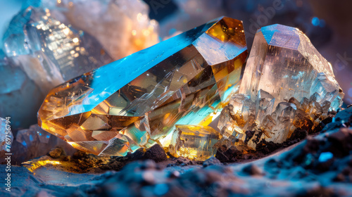 Vivid blue and amber crystals stand out in a beautifully detailed, earthy mineral landscape in soft lighting