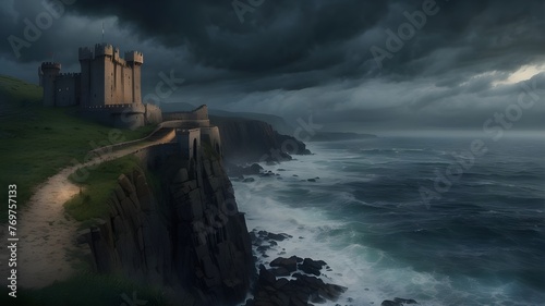 # Prompt 3: Artistic Image"A medieval castle perched atop a rugged cliff overlooking a stormy sea, shrouded in mist and mystery. The ancient fortress is built of weathered stone, with towering battlem