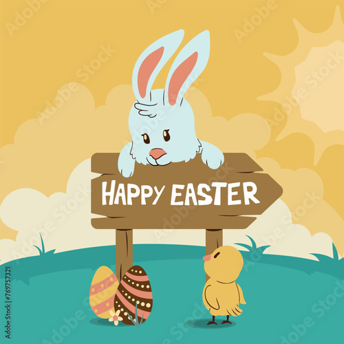 Easter bunny curious looking at the sign that says Happy Easter, and the little chick that is just below looking at the bunny on a sunny afternoon.