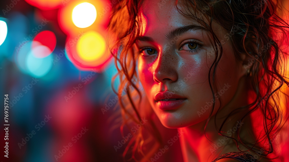 Portrait of a young woman with intense eyes and dramatic neon lighting. Portrait of a young woman with intense eyes and dramatic neon lighting.