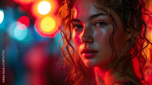 Portrait of a young woman with intense eyes and dramatic neon lighting.