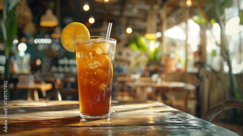 ice tea with slice of lemon on the wooden