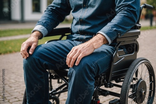 Close up shot of a man in a electric wheelchair