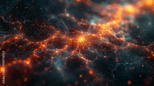 A stunning visual representation of a synapse in the cosmos, where electric orange impulses travel through a network of blue, mimicking the firing of neurons on a universal scale photo