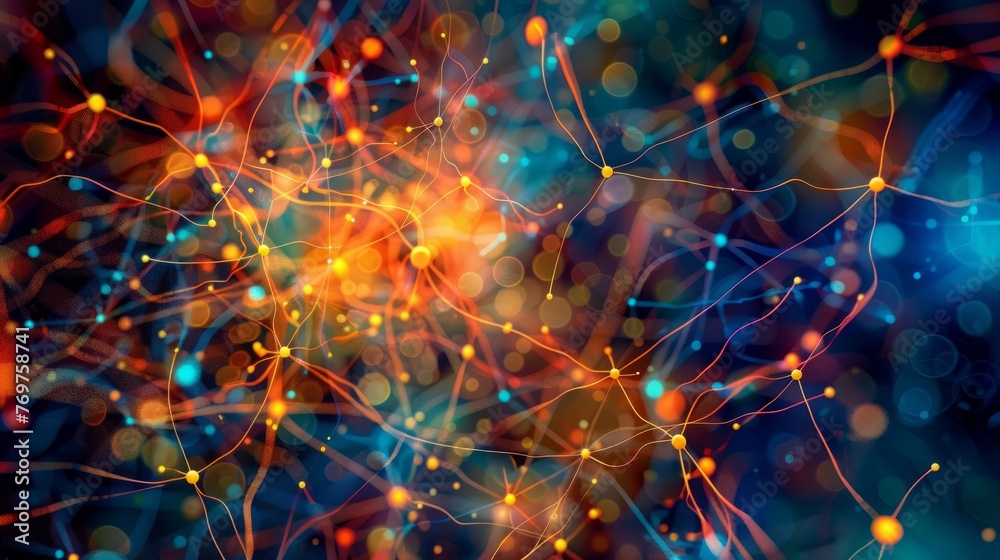 Digital art representing a neural network with glowing synapses, blending deep blues and warm oranges to symbolize complex brain activity Digital art representing a neural network with glowing synapses, blending deep blues and warm oranges to symbolize complex brain activity