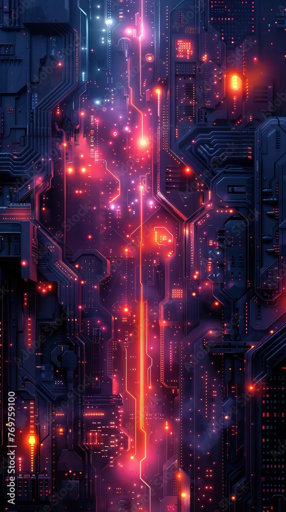 A digital art piece depicting a neon-lit futuristic cityscape, resembling a vibrant circuit board with a deep tech aesthetic.