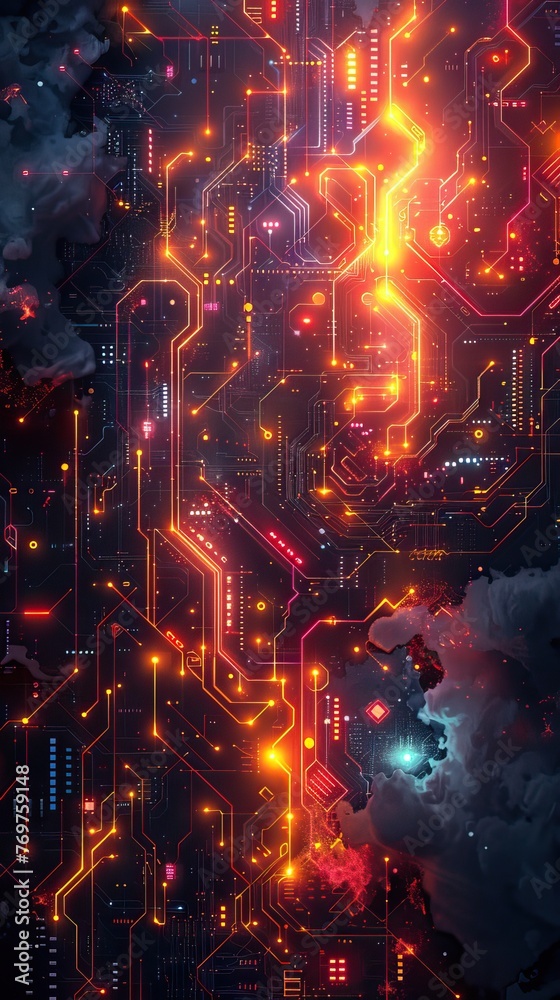 A digital art piece depicting a neon-lit futuristic cityscape, resembling a vibrant circuit board with a deep tech aesthetic.