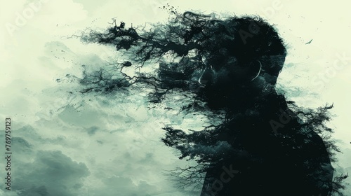 Surreal abstract background with a horror twist, featuring a double exposure of human form entwined with eerie natural scenery, invoking a sense of dread