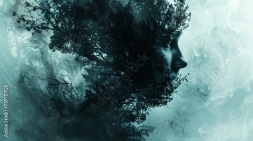 Surreal double exposure abstract composition, depicting the unsettling fusion of human form with ominous natural surroundings, ideal for horror-themed projects photo