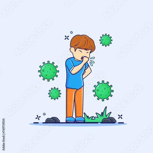 Man coughing concept cartoon vector illustration. Sick boy cough and infected by virus