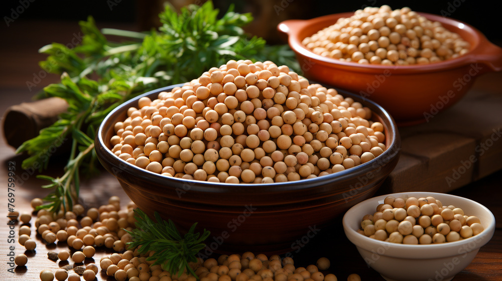 A bowl full of soybeans on a wooden table. A bowl full of soybeans on a wooden table.