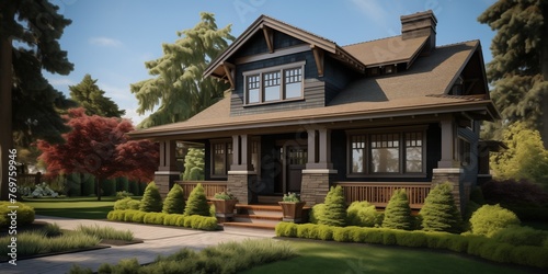 A beautifully crafted Craftsman-style home exterior with intricate woodwork, dormer windows, and a spacious front porch, leading to a modern living room interior designed for effortless indoor. photo