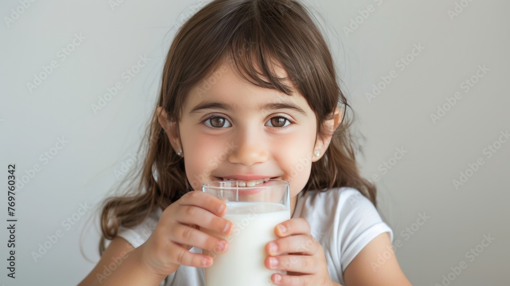 World Milk Day, A 5 year old American girl sits holding a glass of healthy milk. World Milk Day, A 5 year old American girl sits holding a glass of healthy milk.