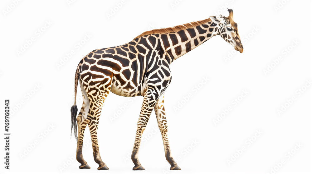 Fototapeta premium Different,Unique giraffe with zebra stripes on a white background with room for text or copy space