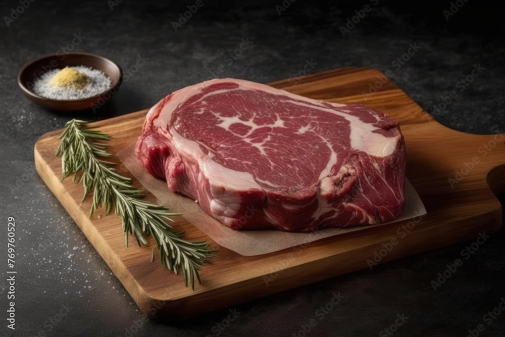 Raw Meat on Cutting Board With Rosemary Sprig