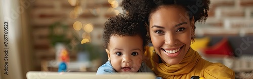 Working Mom: Young Dark-Skinned Woman Juggling Laptop and Baby at Home Desk, Smiling while Writing Blog Post and Watching Infant Play with Toy