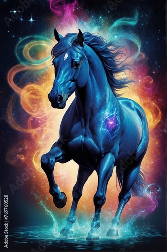 Black horse with a blue mane on the background of cosmic space. Generative AI.