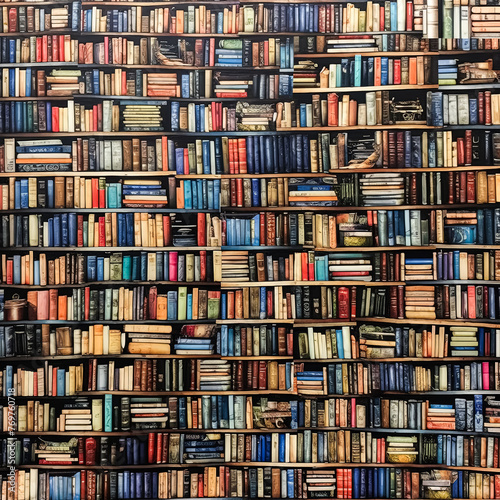 A bookcase filled with books of various sizes and colors. The books are arranged in a way that creates a sense of depth and dimension. The image conveys a feeling of knowledge and learning