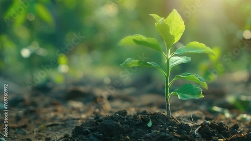 A small green plant is growing in the dirt 4K motion photo