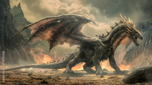 Majestic dragon roaring, hungry for confrontation in stone age landscape