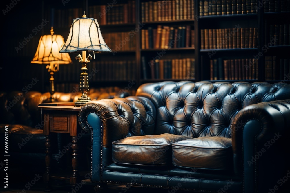 Obraz premium A black leather bound book is placed on a polished wooden table, surrounded by vintage reading lamps and antique leather armchairs, within the ambiance of a timeless library.