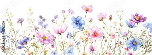 Seamless pattern with delicate watercolor flowers. Botanical print meadow scene of blooming wildflowers ideal for textiles, wallpapers or eco friendly packaging. Artistic botanical illustration