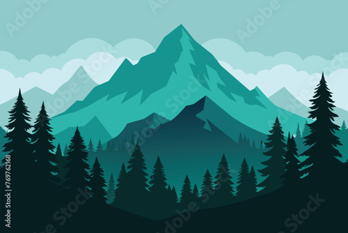 Fototapeta Naklejka Na Ścianę i Meble -  Realistic mountains landscape. Morning wood panorama, pine trees and mountains silhouettes. Vector forest hiking