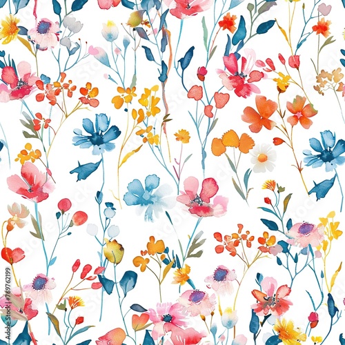Seamless pattern with bright watercolor flowers. Botanical print blooming wildflowers is ideal for fabrics and packaging, textiles and wallpaper. Artistic floral decor for various design projects