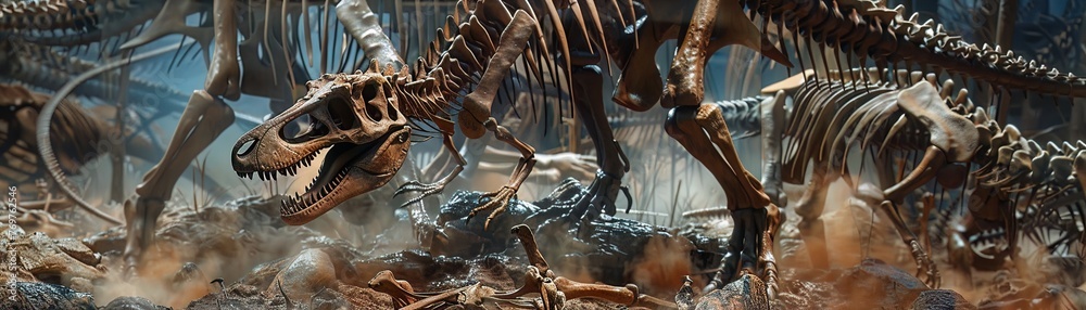 Detailed shot of a dinosaur museum exhibit, capturing the reconstructed skeletons in lifelike poses, perfect for educational displays