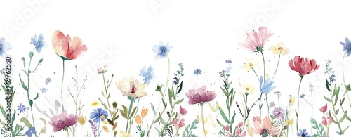 Seamless pattern with delicate watercolor flowers. Botanical print meadow scene of blooming wildflowers ideal for textiles, wallpapers or eco friendly packaging. Artistic botanical illustration