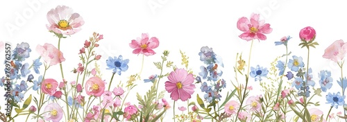 Seamless pattern with delicate watercolor flowers. Botanical print of meadow scene of blooming wildflowers ideal for textiles, wallpapers or eco friendly packaging. Artistic botanical illustration photo