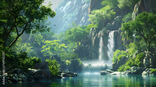 Tranquil scene flowing water, green trees, and rocky cliffs