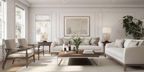 A beautifully renovated Colonial-style home showcasing a modern living room with a blend of classic charm and contemporary elegance, depicted with precision in a lifelike 3D rendering.