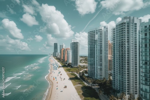 A wide shot of the buildings in Sunbums Beach, Miami, with an ocean view, white and grey skyscrapers in the style of aerial photography Generative AI