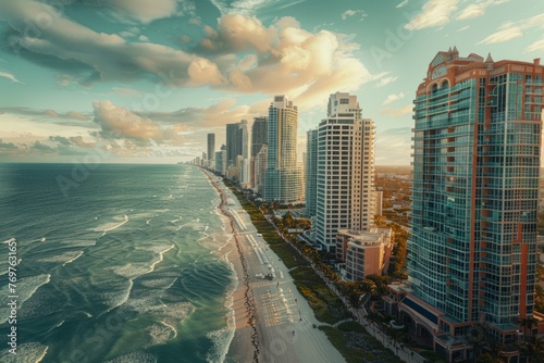high-end buildings in Miami Beach, view from the sky, luxury real estate photography Generative AI photo