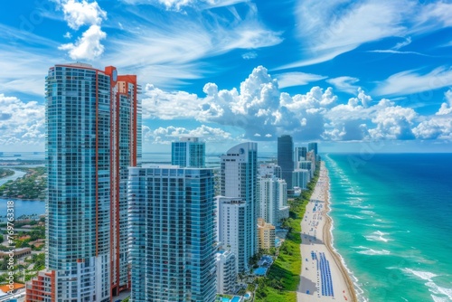 Aerial view of luxury buildings in Miami Beach, high rise apartment complexs and skyscrapers overlooking the ocean with blue sky and white clouds Generative AI