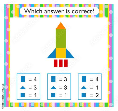 Math activity for kids. Find the correct answer. Cartoon rocket ship.