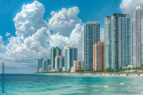 In the heart of sunsh plaster Miami, a stunning view unfolds as luxury highrise buildings stand tall against the backdrop of pristine beaches and azure waters Generative AI © sean