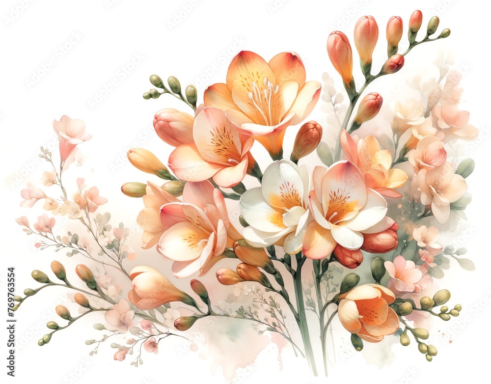 Watercolor Painting of Oranges and Yellows Freesia Flowers