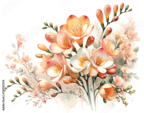 Watercolor Painting of Oranges and Yellows Freesia Flowers