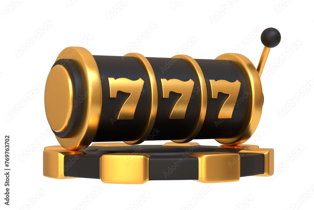 Fototapeta premium An elegant black slot machine with a glossy golden finish showing the lucky number 777 isolated on a white background, representing wealth and high stakes gambling. 3D render illustration